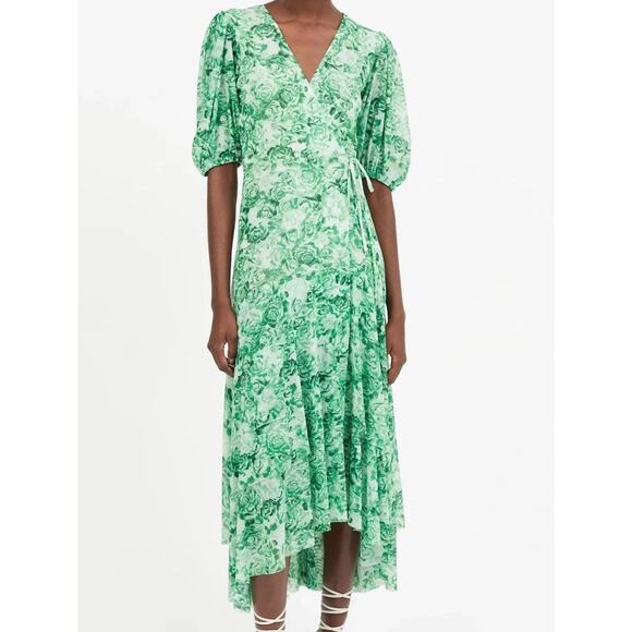 Ganni Floral Wrap Midi Dress in Island Green Size 36/4 US Crepe Tulip Hemline - Picture 1 of 13